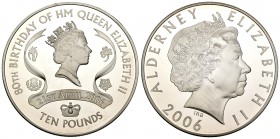Alderney. 10 pounds. 2006. (Km-135). Ag. 155,51 g. 80º cumpleaños de su Majestad la Reina Isabel II de Inglaterra. 65 mm. En su estuche original y con...