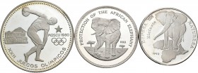 Guinea Ecuatorial. Lote de 3 monedas de Guinea Ecuatorial, dos de elefantes y una de las olimpiadas Masai 1980. A EXAMINAR. PROOF. Est...75,00.