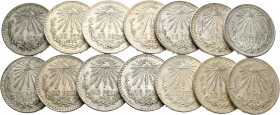 México. Lote de 14 monedas de 1 peso mexicano, 1920, 1922, 1923, 1924, 1926, 1932, 1933, 1934, 1935, 1938, 1940, 1943, 1944, 1945. A EXAMINAR. MBC+/EB...
