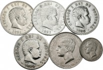 Portugal. Lote de 6 monedas diferentes de Portugal, que incluye 100 reis (1910) y 500 reis (1891, 1895, 1896, 1899 y 1908). A EXAMINAR. BC/MBC. Est......