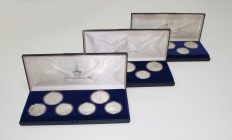 Rusia. Lote de 3 series completas de monedas de plata conmemorando las Olimpiadas de Moscú 1980, 1977 (6), 1978 (5) y 1979 (5). En sus estuches origin...