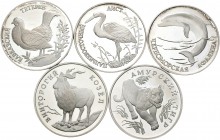 Rusia. Lote de 5 monedas de plata modernas de Rusia de 1 rublo, con motivos animales. A EXAMINAR. PROOF. Est...150,00.