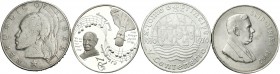 Extranjero. Lote de 4 monedas de plata diferentes, 50 escudos 1970 Santo Tomé, 1 dollar 1961 Liberia, 1 rand 1967 Sudáfrica y 1 medalla proof de Sudáf...