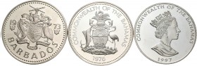 Extranjero. Lote de 3 monedas de plata modernas, Bahamas (2) y Barbados (1). A EXAMINAR. PROOF. Est...50,00.