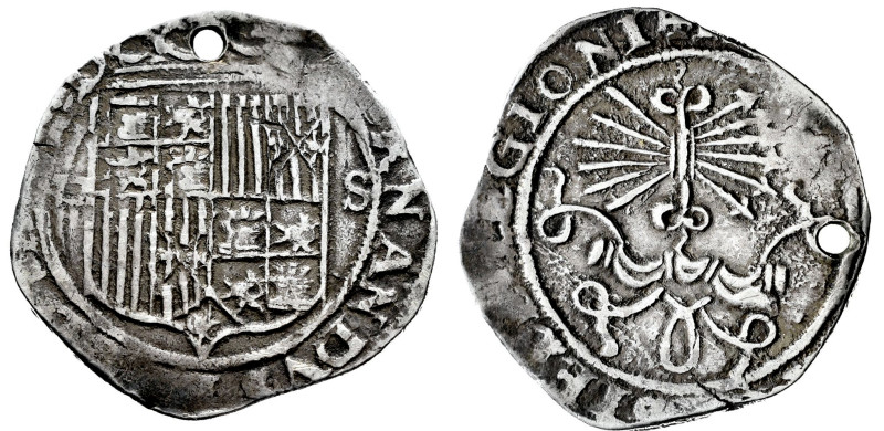 Fernando e Isabel (1474-1504). 1 real. Sevilla. (Cal-440). Ag. 3,31 g. Escudo en...