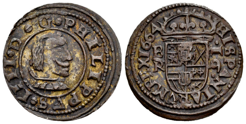 Felipe IV (1621-1665). 16 maravedís. 1664. Burgos. R. (Cal-441). Ae. 3,64 g. Lev...