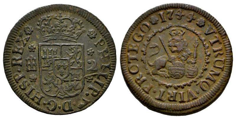 Felipe V (1700-1746). 2 maravedís. 1744. Segovia. (Cal-73). Ae. 3,67 g. MBC+. Es...