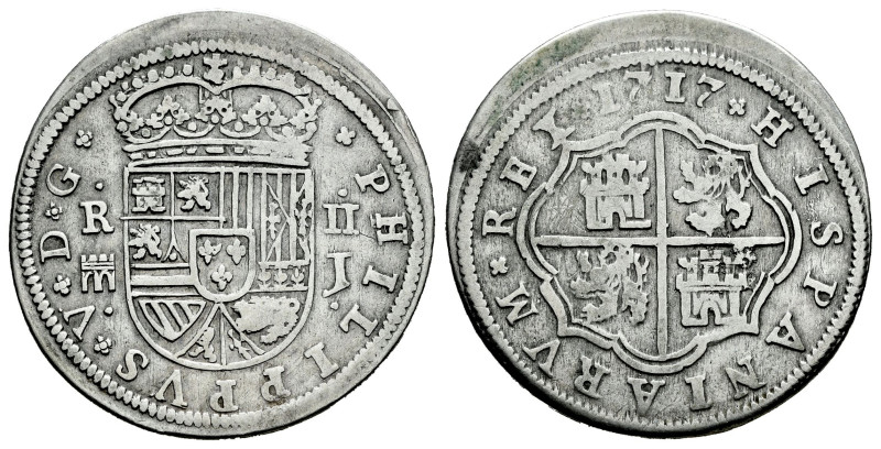 Felipe V (1700-1746). 2 reales. 1717. Segovia. (Cal-944). Ag. 5,48 g. Acueducto ...