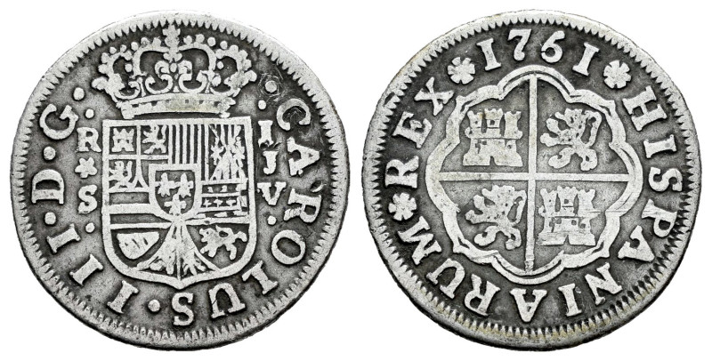 Carlos III (1759-1788). 1 real. 1761. Sevilla. JV. (Cal-529). Ag. 2,75 g. BC+. E...