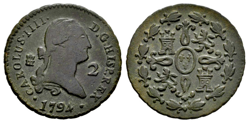 Carlos IV (1788-1808). 2 maravedís. 1794. Segovia. (Cal-29). Ae. 2,31 g. Escasa....