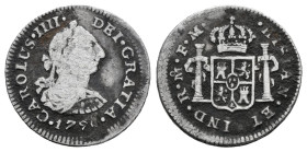 Carlos IV (1788-1808). 1/2 real. 1790. México. FM. (Cal-273). Ag. 1,62 g. Busto de Carlos III y ordinal IIII. Escasa. BC. Est...35,00.