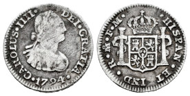 Carlos IV (1788-1808). 1/2 real. 1794. México. FM. (Cal-277). Ag. 1,64 g. BC+. Est...25,00.