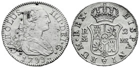 Carlos IV (1788-1808)). 2 reales. 1799. Madrid. MF. (Cal-607). Ag. 5,88 g. Roces en anverso. Limpiada. MBC. Est...50,00.