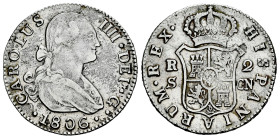 Carlos IV (1788-1808). 2 reales. 1806. Sevilla. CN. (Cal-726). Ag. 5,89 g. Limpiada. BC+/MBC-. Est...30,00.