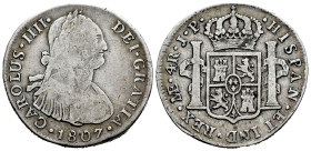 Carlos IV (1788-1808). 4 reales. 1807. Lima. JP. (Cal-771). Ag. 12,85 g. Escasa. BC+/MBC-. Est...75,00.