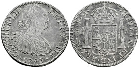 Carlos IV (1788-1808). 8 reales. 1793. México. FM. (Cal-955). Ag. 26,61 g. Golpecitos. Limpiada. MBC+. Est...120,00.