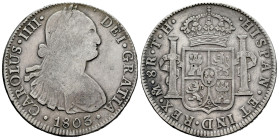 Carlos IV (1788-1808). 8 reales. 1803. México. TH. (Cal-978). Ag. 26,47 g. Tono. BC+/MBC-. Est...90,00.