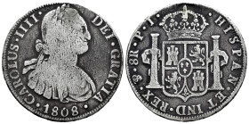 Carlos IV (1788-1808). 8 reales. 1808. Potosí. PJ. (Cal-1014). Ag. 26,46 g. Agujero hábilmente reparado a las 12 h. BC/BC+. Est...35,00.