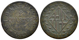 José Napoleón (1808-1814). 2 cuartos. 1813. Barcelona. (Cal-12). Ae. 3,83 g. MBC-. Est...25,00.