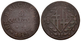 José Napoleón (1808-1814). 2 cuartos. 1813. Barcelona. (Cal-12). Ae. 3,75 g. BC+. Est...35,00.