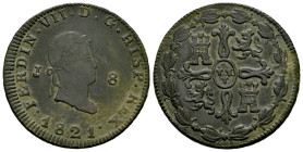 Fernando VII (1808-1833). 8 maravedís. 1821. Jubia. (Cal-201). Ae. 9,92 g. Busto laureado. MBC/MBC+. Est...30,00.