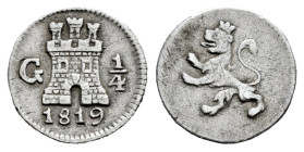 Fernando VII (1808-1833). 1/4 de real. 1819. Guatemala. (Cal-256). Ag. 0,83 g. MBC+/MBC. Est...120,00.