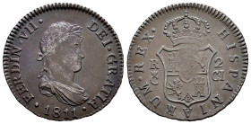 Fernando VII (1808-1833). 2 reales. 1811. Cádiz. CI. (Cal-726). Ag. 5,95 g. Pátina oscura. MBC+. Est...60,00.