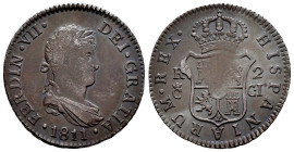 Fernando VII (1808-1833). 2 reales. 1811. Cádiz. CI. (Cal-726). Ag. 5,79 g. Pátina oscura. MBC. Est...50,00.