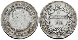 Fernando VII (1808-1833). 10 reales. 1821. Bilbao. UG. (Cal-1023). Ag. 13,02 g. Tipo "Cabezón". BC+/MBC-. Est...50,00.