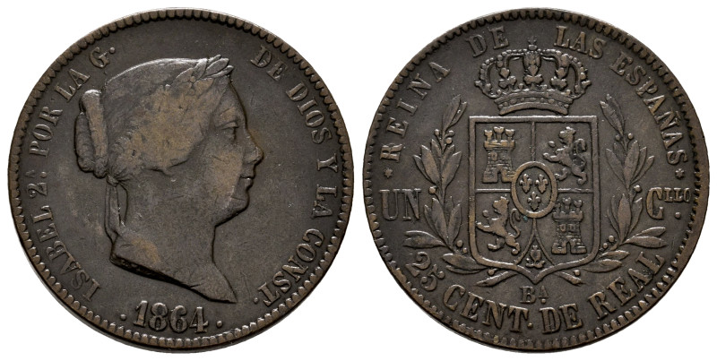 Isabel II (1833-1868). 25 céntimos de real. 1864. Barcelona. (Cal-182). Ae. 9,32...