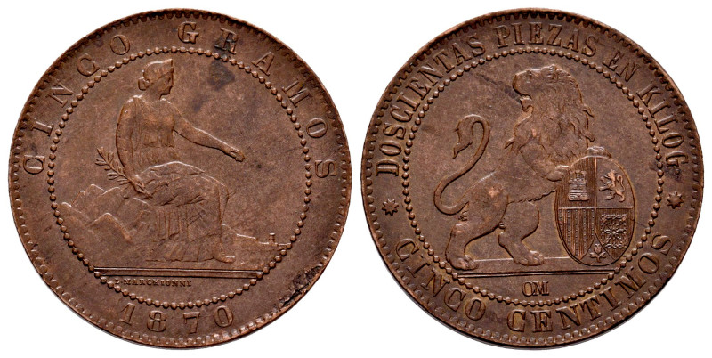 Gobierno Provisional (1868-1871). 5 céntimos. 1870. Barcelona. OM. (Cal-5). Ae. ...