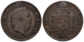 Carlos VII (1872-1876). 10 céntimos. 1875. Oñate. (Cal-5). Ae. 9,81 g. Pequeña mancha de estaño a las 12 h en anverso y reverso. BC+/MBC-. Est...50,00...