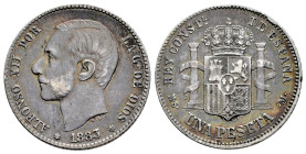 Alfonso XII (1874-1885). 1 peseta. 1883*18-83. Madrid. MSM. (Cal-21). Ag. 4,95 g. Golpecitos en el canto. MBC-/MBC. Est...30,00.