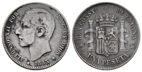 Alfonso XII (1874-1885). 1 peseta. 1883*18-83. Madrid. MSM. (Cal-21). Ag. 4,94 g. Primera estrella tenue. Limpiada. MBC-/MBC. Est...35,00.