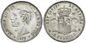 Alfonso XII (1874-1885). 5 pesetas. 1877*18-77. Madrid. DEM. (Cal-38). Ag. 24,99 g. MBC+. Est...60,00.