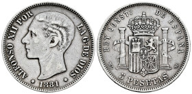 Alfonso XII (1874-1885). 5 pesetas. 1881*18-81. Madrid. MSM. (Cal-44). Ag. 24,80 g. Tono. Escasa. MBC-. Est...35,00.