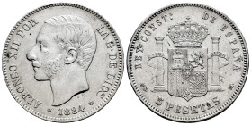 Alfonso XII (1874-1885). 5 pesetas. 1884*18-84. Madrid. MSM. (Cal-47). Ag. 24,92 g. Limpiada. MBC+. Est...35,00.