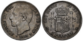 Alfonso XII (1874-1885). 5 pesetas. 1884*18-84. Madrid. MSM. (Cal-57). Ag. 24,92 g. MBC-/MBC. Est...35,00.