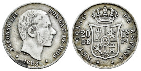 Alfonso XII (1874-1885). 20 centavos. 1883. Manila. (Cal-109). Ag. 5,06 g. MBC-. Est...60,00.