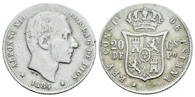 Alfonso XII (1874-1885). 20 centavos. 1884. Manila. (Cal-110). Ag. 5,04 g. Canto reparado a als 12 h. BC+/MBC-. Est...25,00.