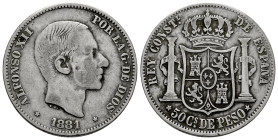 Alfonso XII (1874-1885). 50 centavos. 1881. Manila. (Cal-114). Ag. 12,82 g. BC+. Est...25,00.