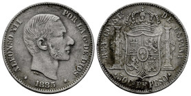 Alfonso XII (1874-1885). 50 centavos. 1885. Manila. (Cal-124). Ag. 12,84 g. Rayas en anverso y manchas en reverso. MBC-/MBC. Est...25,00.