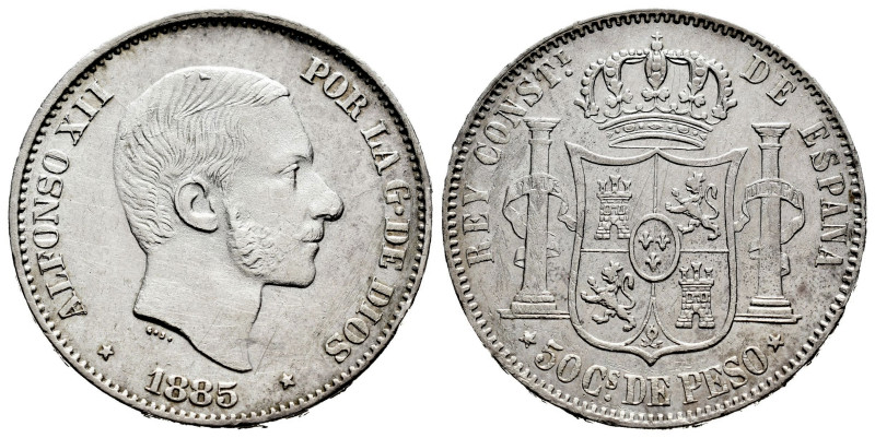 Alfonso XII (1874-1885). 50 centavos. 1885. Manila. (Cal-124). Ag. 12,97 g. Lige...