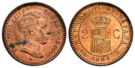 Alfonso XIII (1886-1931). 2 céntimos. 1904*04. Madrid. SMV. (Cal-7). Ae. 2,03 g. Cero partido. Manchas. SC. Est...20,00.