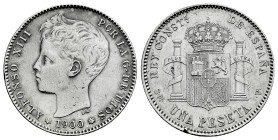 Alfonso XIII (1886-1931). 1 peseta. 1900*19-00. Madrid. SMV. (Cal-59). Ag. 4,99 g. Fuertemente limpiada. Prueba en el canto. MBC. Est...20,00.