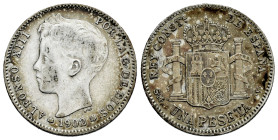 Alfonso XIII (1886-1931). 1 peseta. 1902*19-02. Madrid. SMV. (Cal-65). Ag. 4,94 g. Escasa. BC/BC+. Est...20,00.