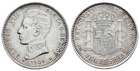 Alfonso XIII (1886-1931). 1 peseta. 1904*19-04. Madrid. SMV. (Cal-68). Ag. 5,05 g. Rayitas. Restos de brillo original. EBC. Est...60,00.