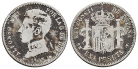 Alfonso XIII (1886-1931). 1 peseta. 1905 *19-0_. Madrid. SMV. (Cal-70). Ag. 4,81 g. Limpiada. Escasa. BC+. Est...30,00.