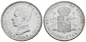 Alfonso XIII (1886-1931). 2 pesetas. 1905*19-05. Madrid. SMV. (Cal-88). Ag. 9,96 g. Pequelas marcas. Ligera limpieza. EBC/EBC+. Est...30,00.