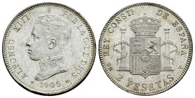 Alfonso XIII (1886-1931). 2 pesetas. 1905*19-05. Madrid. SMV. (Cal-88). Ag. 10,02 g. Golpecito en el canto. Brillo original. EBC+. Est...25,00.